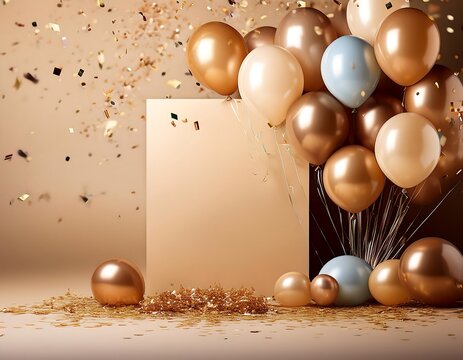 happy birthday poster with balloons and confetti on beige background