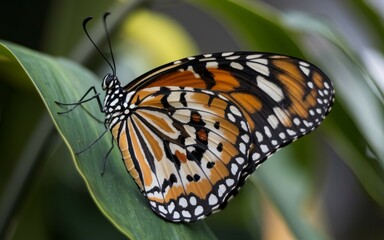 Fototapeta premium Butterfly on leaf. Orange and black butterfly with white spots perched on a green leaf.