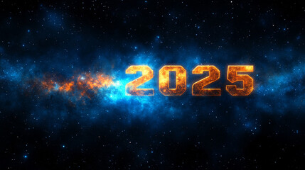 The year 2025 in glowing orange digits against starry cosmic background
