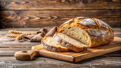 Freshly baked artisanal bread on rustic wooden board, sliced to reveal soft, airy interior, artisanal bread, freshly baked