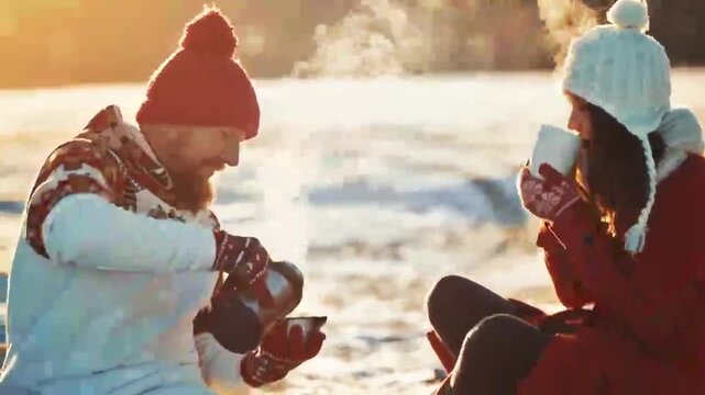 Young couple in love kiss in first snowy winter day and drink hot smoke vapour steaming coffee. Man and woman on date meeting christmas. Happy people smiling. New year and Christmas holiday concept