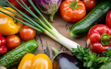 Fresh vegetable assortment. Colorful peppers, cucumbers, and scallions on a wooden surface. A vibrant display of fresh produce.
