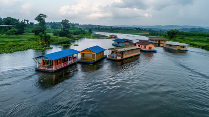 Obraz premium A healthcare network in rural areas where floating clinics drift along rivers, stopping at villages to offer care and wellness to every child