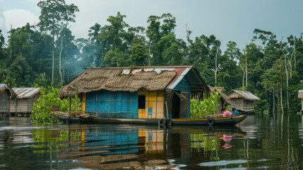 Fototapeta premium A healthcare network in rural areas where floating clinics drift along rivers, stopping at villages to offer care and wellness to every child