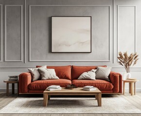 A lounge with light grey walls, a brick red sofa, and a wooden coffee table