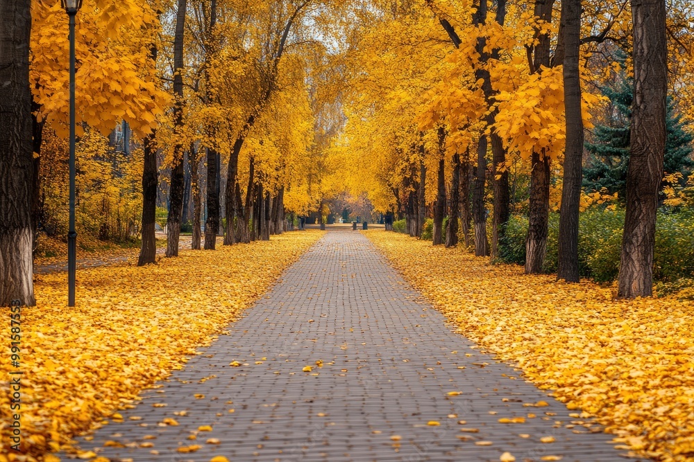 Wall mural autumn alley in the park with yellow leaves. colorful autumn background.geneative ai