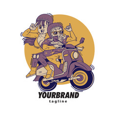 vintage character illustration of two lovers riding a cute vector automatic motorbike