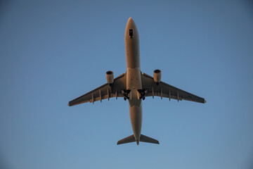 Beautiful airplane takes off at sunset. Sunny evening. Large passenger plane.