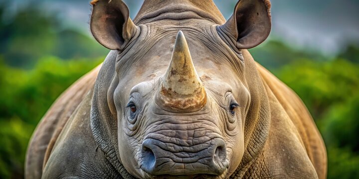 A detailed close-up photo of a majestic rhino staring straight into the camera, wildlife, animal, safari