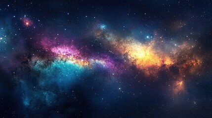 Naklejka premium Panoramic view of the Milky Way stretching across the sky, with colorful stars and cosmic clouds swirling around