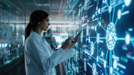 A healthcare professional who navigates a labyrinth of floating data streams, skillfully pulling out the right information to diagnose and treat patients in real-time