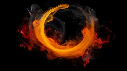 Smoke round frame. Ink water mix. Occult wheel. Explosion smog cloud. Orange red yellow color fume circle whirl glow on dark black abstract background.