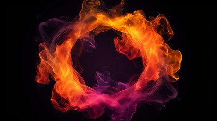Fototapeta premium Smoke round frame. Ink water mix. Occult wheel. Explosion smog cloud. Orange red yellow color fume circle whirl glow on dark black abstract background.