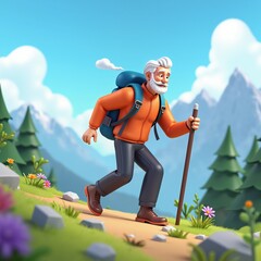3D illustration of an elderly man hiking on a mountain trail with a backpack and walking stick. Outdoor adventure, active lifestyle in cartoon style.
