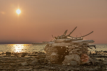 A rock fort on a beach on the Canadian shore of Lake Huron, often referred to as Ontario's west coast.