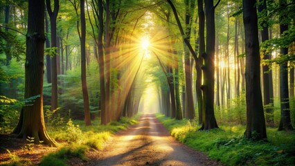 Fototapeta premium A mystical forest path with sunlight beaming through the trees, symbolizing destiny and guidance, destiny, shining, path, soul