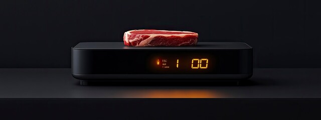 Naklejka premium Close-up of a smart sous-vide precision cooker, digital temperature display glowing, vacuum-sealed steak submerged