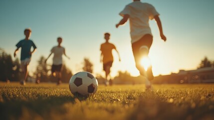 Young players enjoying a vibrant soccer game at sunset, showcasing teamwork and energy in a beautiful outdoor setting.