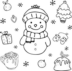 Snowman with Gifts, Snowflakes, and Christmas Tree Coloring Page. Winter Holiday Illustration