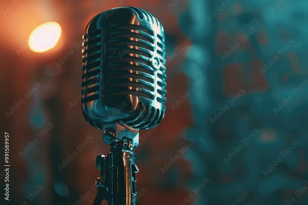 Poster a close-up shot of a microphone on a stand, suitable for use in music, podcasting, or audio-related 