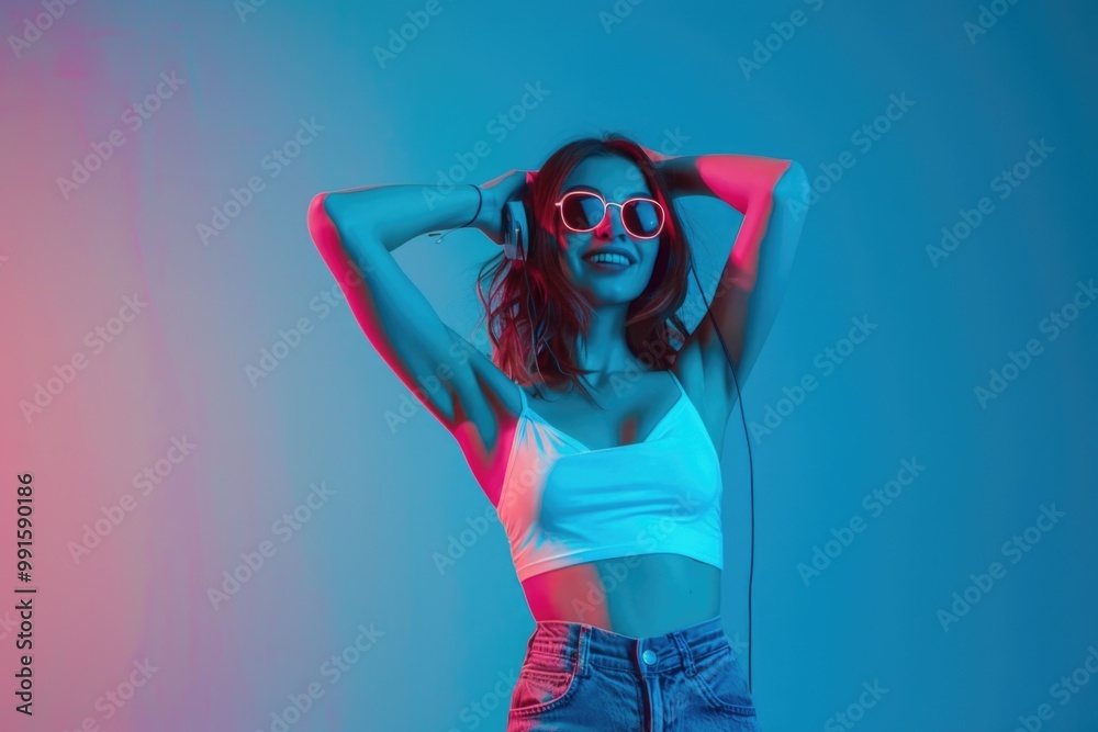 Sticker A woman posing with sunglasses and a white top, suitable for fashion or casual use