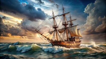 Obraz premium Old sailing ship with tattered sails navigating rough seas, sailing, ship, sea, ocean, vintage, antique, nautical, voyage