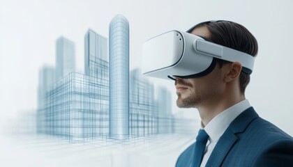 Fototapeta premium A designer in VR immersed in the layout of a cutting-edge building project, symbolizing the future of architecture and virtual space exploration.