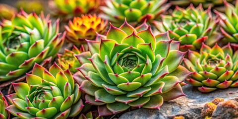 Fototapeta premium Lush Sempervivum Montanum Mountain Houseleek Succulent Plants Close Up Textured Background