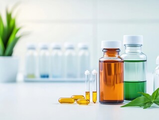 A bottle of medicine is next to a plant