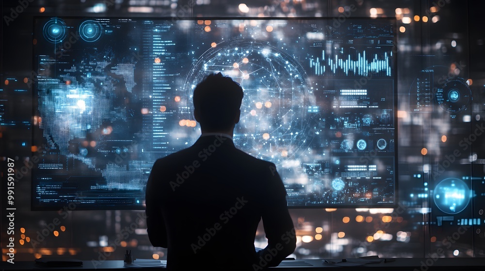 Poster a man observing a large screen displaying data and graphs