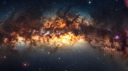 Vivid view of the Milky Way's bright core and swirling arms, with colorful nebulae and star clusters shining