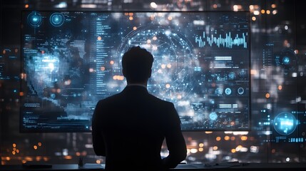 A Man Observing a Large Screen Displaying Data and Graphs