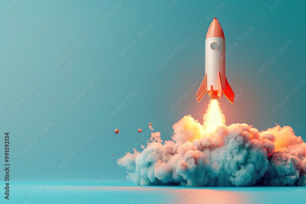 Poster a rocket blasting off from a thick cloud of smoke, a powerful and dynamic image
