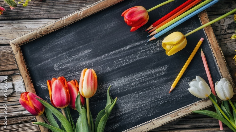 Poster A colorful chalkboard filled with flowers and pencils, great for educational or creative purposes