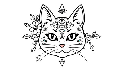 Fototapeta premium Hand drawn doodle outline cat head decorated with ornaments.Vector zen art illustration.Floral ornament.Sketch for tattoo or coloring pages.Boho style. Generative AI