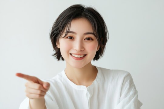 A cheerful Japanese woman in her early 20s smiles and points at the viewer with one hand, dressed in white against a plain background
