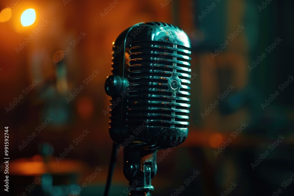 Poster A close-up shot of a microphone lying on a table, ready for use