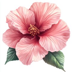 A beautiful pink hibiscus flower blooming with delicate petals and vibrant colors, perfect for nature and floral themes, white background