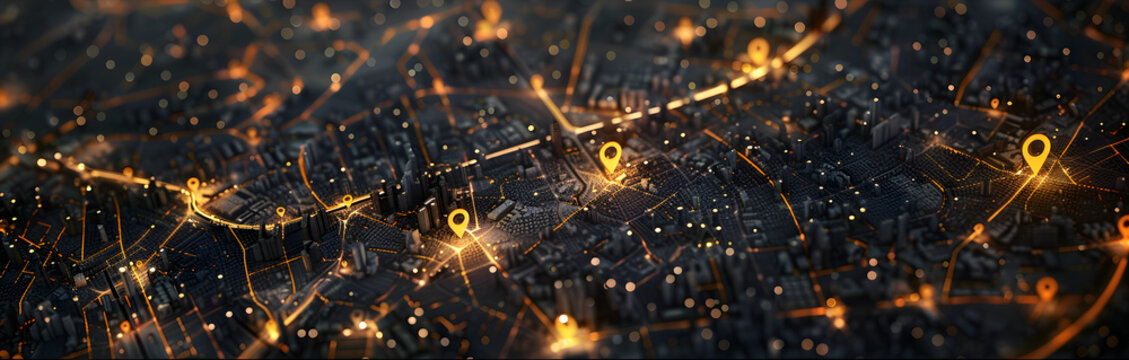 an aerial map of the city at night, marking various places on the map with golden location pins