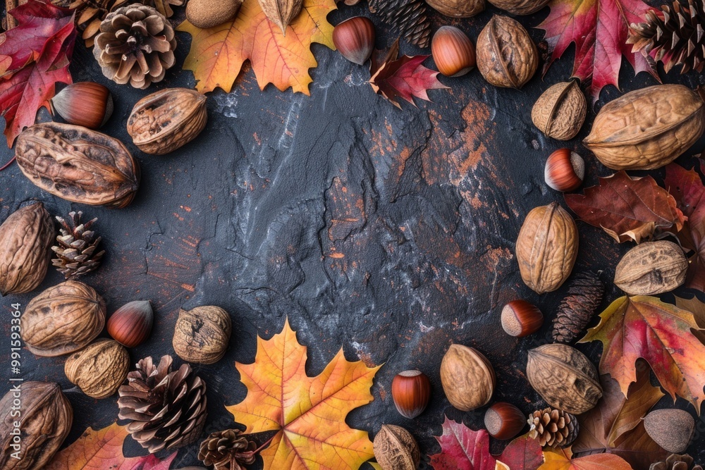 Poster Arranged pine cones and leaves in a circular shape on a surface