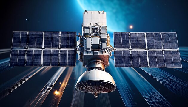 Detailed 3D model shows the complex design of the communications satellite.  (1)