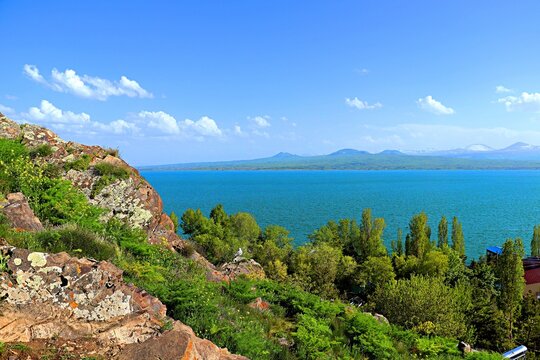 Landscape and views of Lake Sevan and surrounding mountains, Armenia