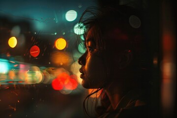 A woman looks out of a city window at night, offering a glimpse into her life