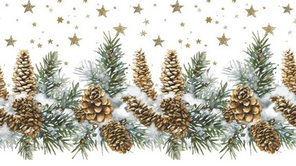 White background with small stars and pine branches 