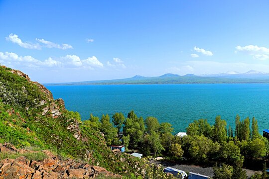 Landscape and views of Lake Sevan and surrounding mountains, Armenia