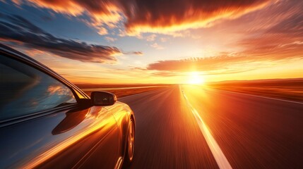 Obraz premium A solitary car driving along a deserted highway at sunset, with golden light reflecting off its hood, symbolizes freedom and solitude