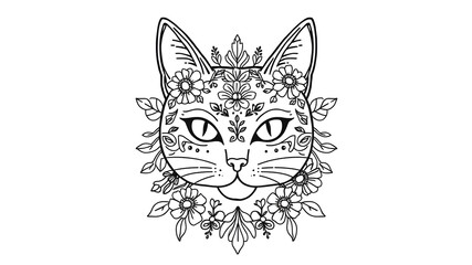 Hand drawn doodle outline cat head decorated with ornaments.Vector zen art illustration.Floral ornament.Sketch for tattoo or coloring pages.Boho style. Generative AI