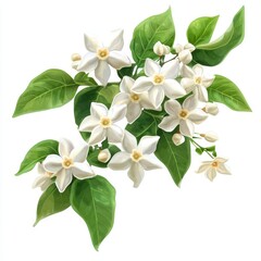 A beautiful cluster of white flowers with lush green leaves, perfect for spring and nature-themed projects, white background