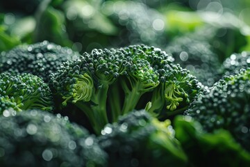 Fresh Broccoli Harvest: Vibrant green broccoli florets, glistening with dew, create a captivating close-up image. The photo evokes freshness, health, and the bounty of nature.  