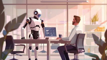 Fototapeta premium Robots and people work together in the office